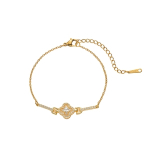 Elegant 18K gold-plated stainless steel lucky clover bracelet with square zircon center