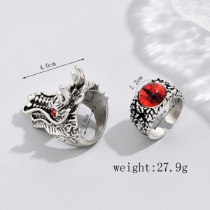 Vintage dragon and red evil eye open rings set in antique silver finish for men