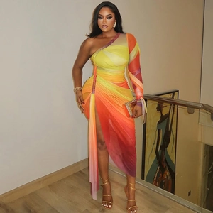 One Shoulder Long Sleeve Maxi Dress Gradient Sunset Mesh Ruched Pleated High Slit Bodycon Party Club Wear