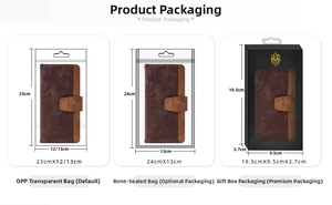 Three packaging options for leather phone wallet case including box and poly bags