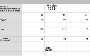 Size chart table for loose knit crewneck sweater with measurements for S, M, and L sizes