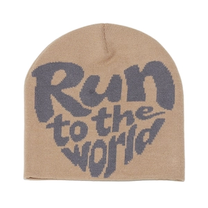 Close-up of RUN to the world jacquard knit lettering on a khaki winter beanie hat