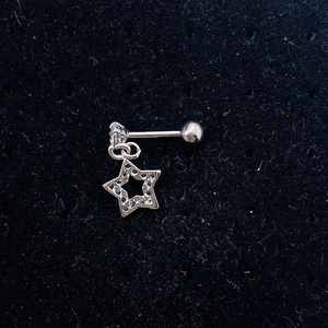 Detailed view of a silver stainless steel stud earring with a dark gem-set star pendant