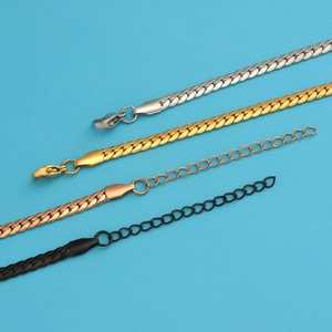 Flat stainless steel snake chain bracelets in silver, gold, rose gold, and black finishes