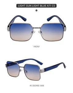 Detail view showing metal hinges and blue acetate temples of square fashion sunglasses