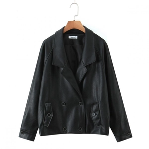 Women's black PU leather jacket with V-neck double-breasted buttons on a white background