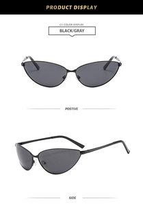 Front and side display of retro black cat-eye sunglasses with gray lenses on white background