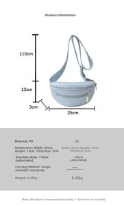 Diagramme de taille du sac banane en PU bleu clair avec dimensions 25x13x3cm et poids