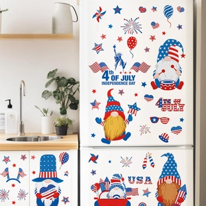 Independence Day gnome window clings with fireworks and USA flags on kitchen decor