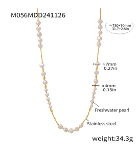 Detail view of long freshwater pearl necklace with stainless steel specs and measurements