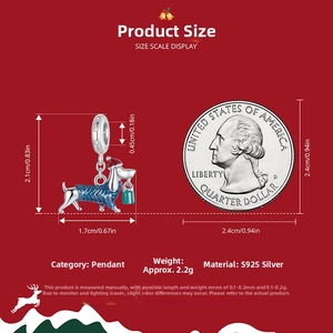 Detailed S925 silver dachshund pendant with Christmas hat and gift box dimensions