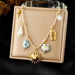 Bohemian Woven Rope Necklace Stainless Steel Heart Sun Fish Shell Charms Ceramic Flower Artificial Pearl Summer Beach Jewelry Women