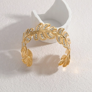 18K gold plated stainless steel open bangle with sparkling crystal leaf design
