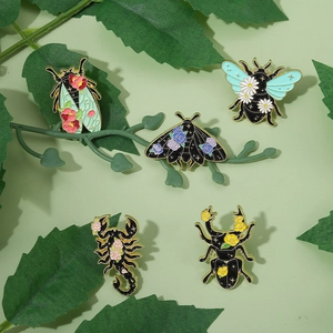 Five-piece insect enamel brooch set featuring bees, moths, and scorpions on green leaves