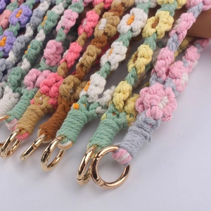 Handmade braided cotton daisy lanyard with golden metal ring for keys and bags