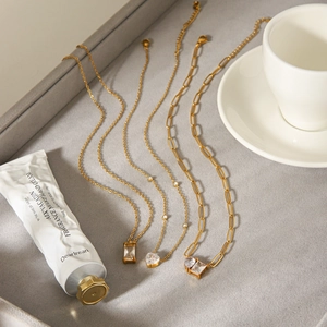 18K gold plated stainless steel necklaces with square and heart zircon pendants set