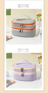 Close-up of mesh travel toiletry bags in gray and purple with dual zipper compartments