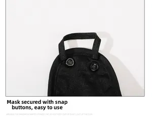 Detail view of the black elastic strap with snap buttons for mask attachment on winter hat