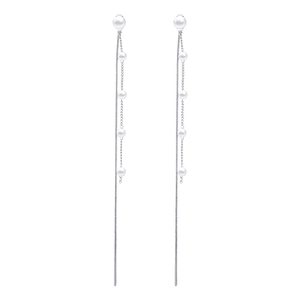 Elegant silver tassel earrings with hanging faux pearls and long delicate chains