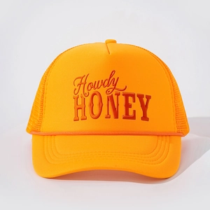 Vintage orange trucker hat with Howdy HONEY embroidery and breathable mesh back