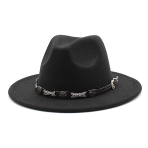 Classic black wool fedora hat for women with star metal buckle and leather band