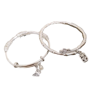 New Chinese style silver bamboo-joint open bangle with lotus and safety tag charms