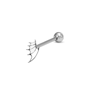 Macro view of surgical steel tongue ring featuring a detailed silver bat wing design
