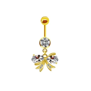 Golden butterfly navel ring with sparkling crystals on a minimalist white background