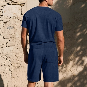 Men's navy casual two-piece summer set with textured waffle knit fabric shown from behind
