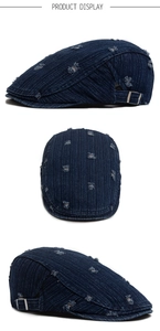 Detailed views of blue denim beret featuring distressed holes and vertical stripe texture