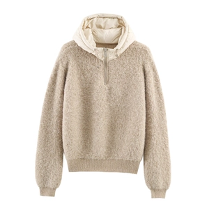 Pull en Maille Décontracté à Capuche pour Femme Demi-Zip Ample Polyester Doux Automne Hiver Style Décontracté Vêtement Chaud