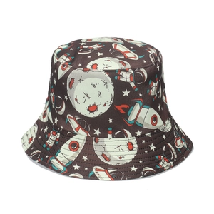 Dark brown fisherman bucket hat featuring cartoon space astronaut and rocket prints