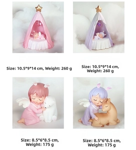 Detailed views of Annie angel night lights with tent designs and animal embrace figures