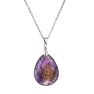 Water drop purple amethyst necklace with golden Hamsa Hand symbol and silver metal chain