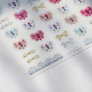 M-921 3D gold stamping nail stickers with pink glitter bows and butterfly lace patterns