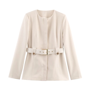 Damen Beige Slim Fit Blazer Mit Gürtel Und Ausgestellte Hose Polyester Langarm Rundhals Elegante Professionelle Bürokleidung