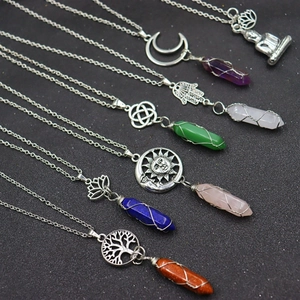 Vintage Alloy Crystal Hexagonal Column Pendant Necklace Moon Sun Tree Of Life Wire Wrapped Natural Stone Jewelry For Women