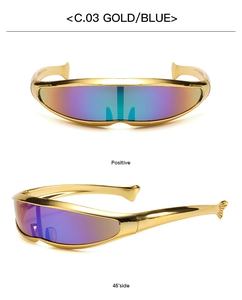 Front and 45-degree side views of golden Y2K sports sunglasses with blue-purple lenses