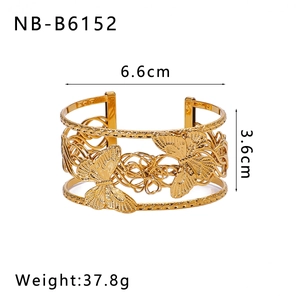 Detailed view of butterfly cuff bracelet showing 6.6cm diameter and 3.6cm width specs