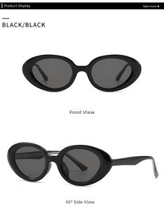 Front and 45-degree angle view of sleek black oval cat eye sunglasses with dark lenses