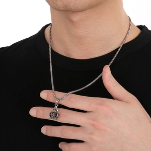 Vintage silver crown cross pendant with square pearl chain for men on black shirt