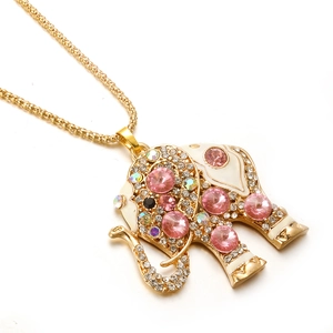 Golden elephant pendant necklace with pink crystals and white enamel on popcorn chain