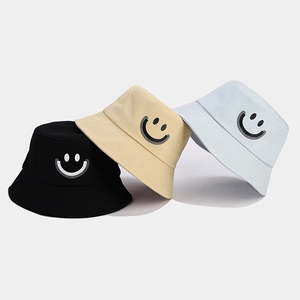 Cotton bucket hat with smiley print in black, beige and blue for outdoor sun protection