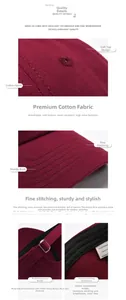 Macro details of burgundy cotton baseball cap with metal buckle and sweatband stitching