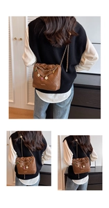 Detailed views of brown quilted bucket bag with gold chain strap on model in daily wear