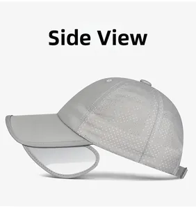 Detail view of breathable side perforations and extendable brim on light grey sun hat