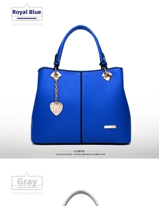 Detail of royal blue and grey tote bags with vertical zippers and heart-shaped charms