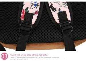 Detail of adjustable strap buckle and breathable mesh back on floral printed backpack