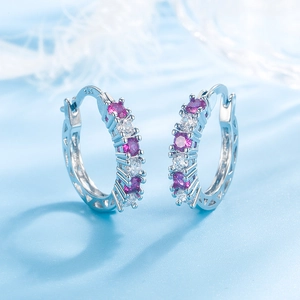 Elegant S925 sterling silver hoop earrings with pink gemstones and white zircons