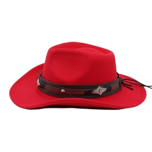 Close-up of red felt cowboy hat featuring brown leather band with silver metal studs